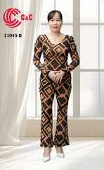 21045 - Bodycon Form V-Neck Long Sleeves Flared Pants with Pattern