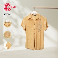 15552 - Short Sleeves Shirt Embroidered Stretch Fabric with Glass Bead Decoration