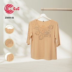 25054 - Round Neck Embroidered Lace Overlay with Glass Beads
