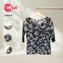 21051 - V-Neck Half Sleeve Top with Sheer Lace 3 Patterns and 4 Colors Options