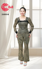 21055 - Bodycon Form Long Sleeves Flared Pants with Pattern