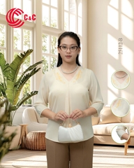 25112 - V-NECK HALF SLEEVE TOPS BLENDING EMBROIDERED PATTERN