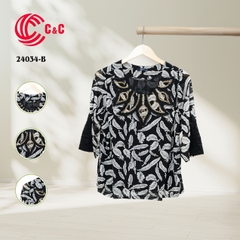 24034 - Feather Pattern Round Neck Embroidered Lace with Decorative Glass Bead