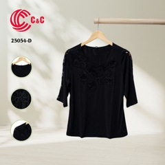 25054 - Round Neck Embroidered Lace Overlay with Glass Beads