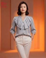25105 - Elegant Graceful Stand-up Collar Ruffle Front Half Sleeve Shirt