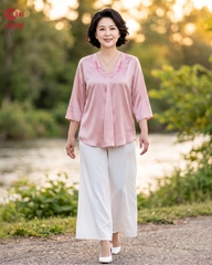 25112 - V-NECK HALF SLEEVE TOPS BLENDING EMBROIDERED PATTERN