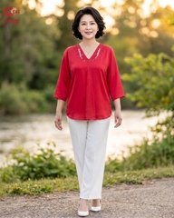 25112 - V-NECK HALF SLEEVE TOPS BLENDING EMBROIDERED PATTERN