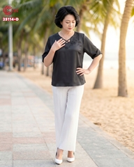25114 - Embroidered Floral V-Neck Stylized Lace-up Short Sleeve Tops