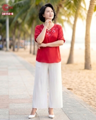 25114 - Embroidered Floral V-Neck Stylized Lace-up Short Sleeve Tops