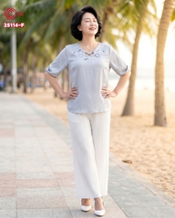 25114 - Embroidered Floral V-Neck Stylized Lace-up Short Sleeve Tops