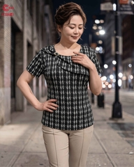 26117 - Round Neck Short Sleeve Ruffled Top with Ring and Rhinestone
