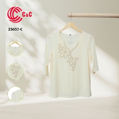 25037 - Round Neck Embroidered Floral Design on Front and Back Collar with Lace and Decorative Stones