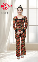 21055 - Bodycon Form Long Sleeves Flared Pants with Pattern