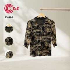 25091 - Shirt Collar Embellished Round Pearl Button With Puff Sleeves to Conceal Arm Flaws