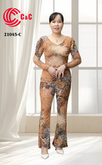 21045 - Bodycon Form V-Neck Long Sleeves Flared Pants with Pattern
