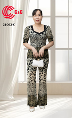 21062 - Bodycon Loungewear Puff Sleeves Flared Pants with Pattern