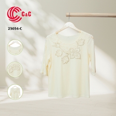 25054 - Round Neck Embroidered Lace Overlay with Glass Beads