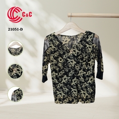 21051 - V-Neck Half Sleeve Top with Sheer Lace 3 Patterns and 4 Colors Options