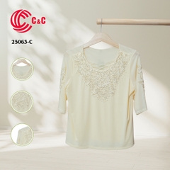 25063 - Round Neck Dress with Lace Overlay and Decorative Stones