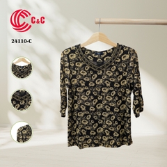 24110 - V-Neck Pattern Top with Stone Accents