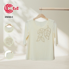 25046 - Round Neck Leaf Pattern Embroidered Lace Decorated with Beads on Front and Back