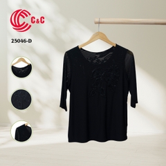 25046 - Round Neck Leaf Pattern Embroidered Lace Decorated with Beads on Front and Back