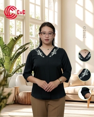 25112 - V-NECK HALF SLEEVE TOPS BLENDING EMBROIDERED PATTERN