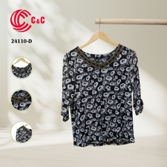 24110 - V-Neck Pattern Top with Stone Accents