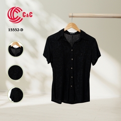 15552 - Short Sleeves Shirt Embroidered Stretch Fabric with Glass Bead Decoration