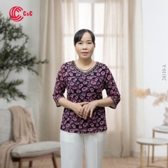 24110 - V-Neck Pattern Top with Stone Accents