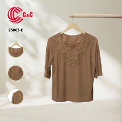 25063 - Round Neck Dress with Lace Overlay and Decorative Stones