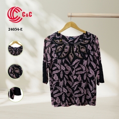 24034 - Feather Pattern Round Neck Embroidered Lace with Decorative Glass Bead