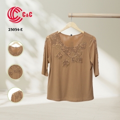 25054 - Round Neck Embroidered Lace Overlay with Glass Beads