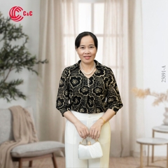 25091 - Shirt Collar Embellished Round Pearl Button With Puff Sleeves to Conceal Arm Flaws