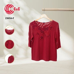 25054 - Round Neck Embroidered Lace Overlay with Glass Beads