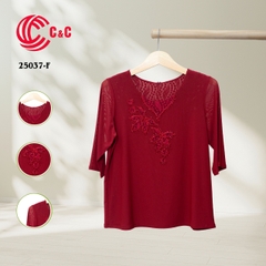 25037 - Round Neck Embroidered Floral Design on Front and Back Collar with Lace and Decorative Stones