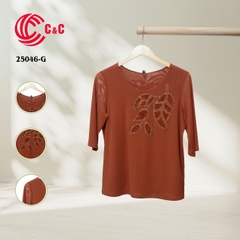 25046 - Round Neck Leaf Pattern Embroidered Lace Decorated with Beads on Front and Back
