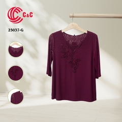 25037 - Round Neck Embroidered Floral Design on Front and Back Collar with Lace and Decorative Stones