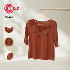 25054 - Round Neck Embroidered Lace Overlay with Glass Beads