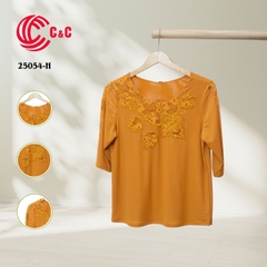 25054 - Round Neck Embroidered Lace Overlay with Glass Beads