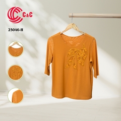 25046 - Round Neck Leaf Pattern Embroidered Lace Decorated with Beads on Front and Back