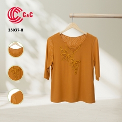 25037 - Round Neck Embroidered Floral Design on Front and Back Collar with Lace and Decorative Stones