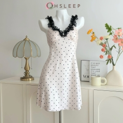 Váy 2 dây chấm bi cổ ren