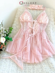 Váy 2 dây hoa ren sexy Kem Hồng