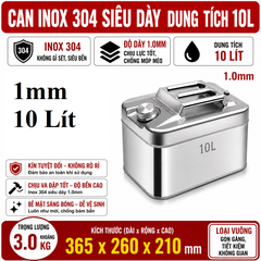 Thùng Xăng Dự Phòng Inox 304 Không Gỉ, Dung Tích 10L ( Loại Vuông) , Mã BS-FTB-10, Thép Dày 1mm, Dung Tích Lớn Cho Showroom Xe Nhà Xưởng