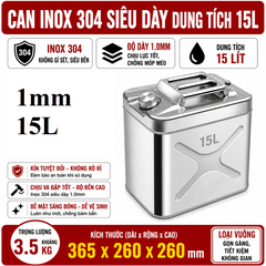Thùng Xăng Dự Phòng Inox 304 Không Gỉ, Dung Tích 15L ( Loại Vuông) , Mã BS-FTB-15, Thép Dày 1mm, Dung Tích Lớn Cho Showroom Xe Nhà Xưởng