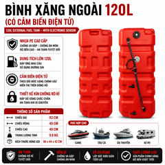 Thùng Xăng Cano Gắn Ngoài 120L , nhựa siêu cứng, Dung Tích 120L , Mã BS-CN-120, làm bình xăng chính cho tàu cano , máy phát điện, tàu thuyền, kích thước 93x40x40cm, cân nặng 9.8kg