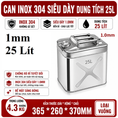 Thùng Xăng Dự Phòng Inox 304 Không Gỉ, Dung Tích 25L , Mã BS-FTB-25, Thép Dày 1mm, Dung Tích Lớn Cho Showroom Xe Nhà Xưởng