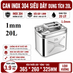 Thùng Xăng Dự Phòng Inox 304 Không Gỉ, Dung Tích 20L ( Loại Vuông) , Mã BS-FTB-20, Thép Dày 1mm, Dung Tích Lớn Cho Showroom Xe Nhà Xưởng