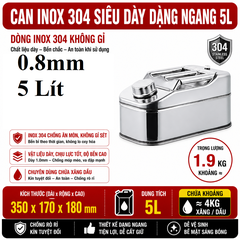 Thùng Xăng Dự Phòng Inox 304 Không Gỉ, Dung Tích 5L ( Dáng Đứng) , Mã BS-LSB-05, Thép Dày 0.8mm, Phù Hợp Dân Chơi Xe, Đi Phượt, Offroad, Cano, Nhà Xưởng, kích thước 34x16.5x18cm, cân nặng 1.9kg
